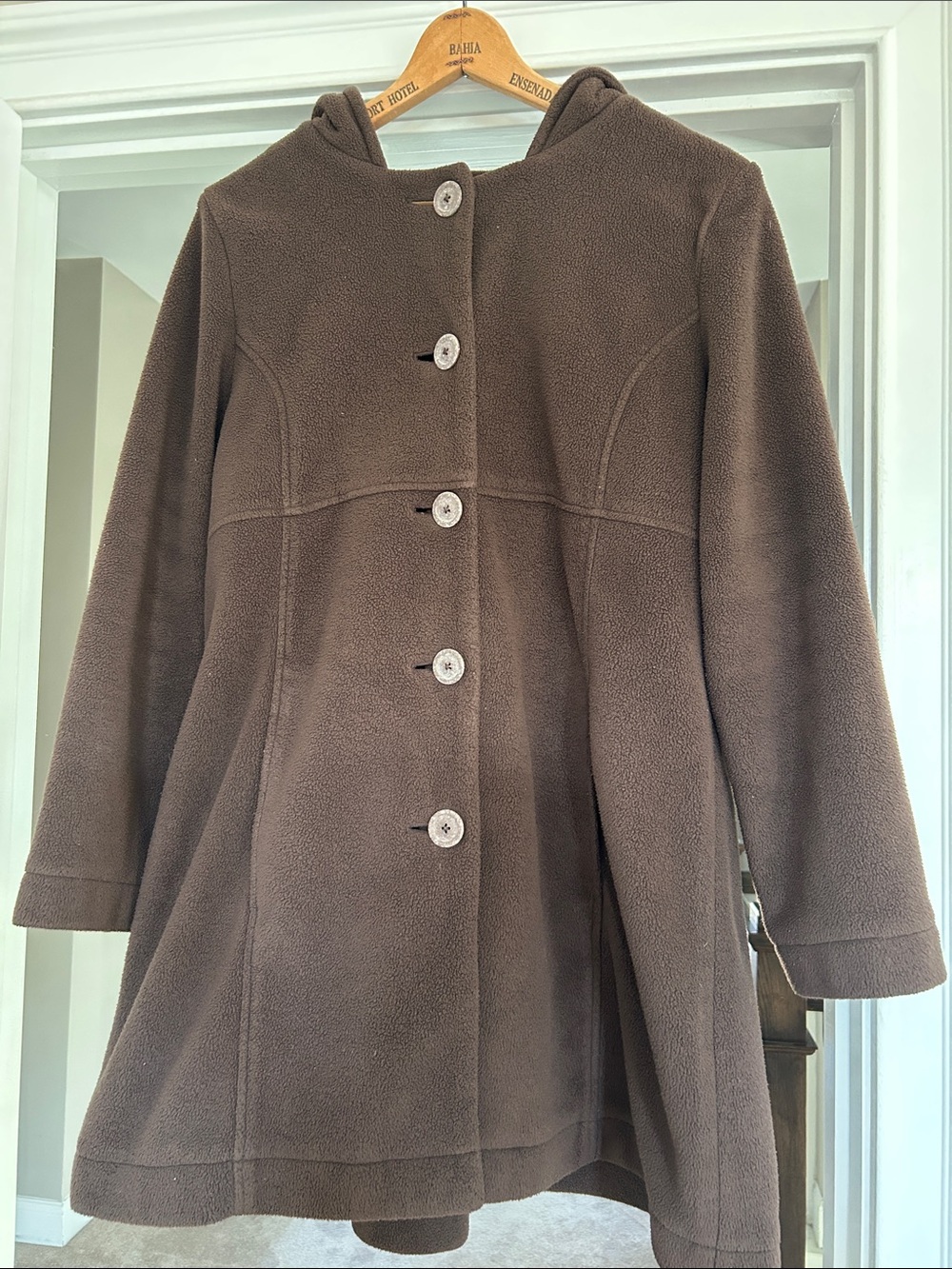 J Jill Brown Fleece Swing Coat Sz L w MEASUREMENTS Pockets Hooded Back Pleat